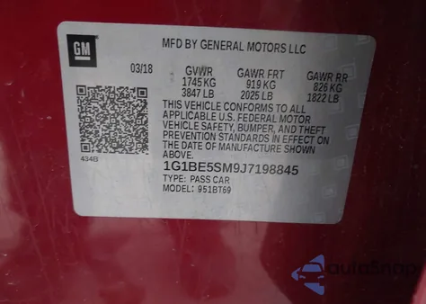 2018 Chevrolet Cruze Lt Auto из США, поврежденный, VIN 1G1BE5SM9J7198845